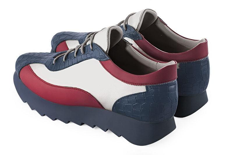 Denim blue, light silver and burgundy red women's three-tone elegant sneakers. Round toe. Low rubber soles. Rear view - Florence KOOIJMAN